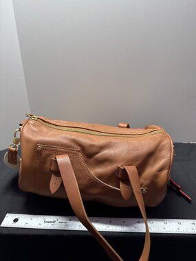 ED Ellen DeGeneres Love Tan Leather Barrel Bag With Denim Lining & Gold Hardware
